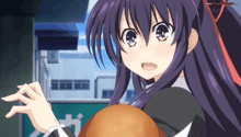 a girl with purple hair is holding a hamburger in front of a sign that says tokyo mx