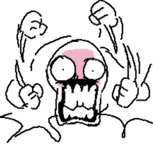 a black and white drawing of a cartoon skull with a pink face and a fist in the air .