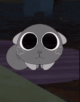 a cartoon drawing of a gray cat with big eyes