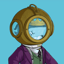 a cartoon drawing of a man wearing a suit and a scuba helmet with a crown on it