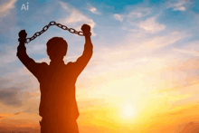 a silhouette of a man holding a chain in his hands with the ai logo in the background