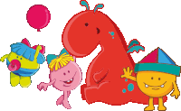 a group of cartoon characters including a girl holding a balloon