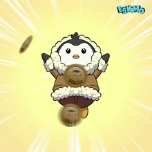 a penguin is flying through the air with coins falling around him and the logo for eskimo