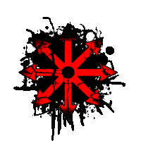 a red and black symbol with arrows pointing in different directions on a white background