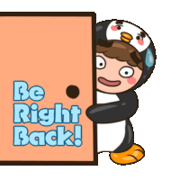 a cartoon of a boy in a penguin costume holding a door that says be right back