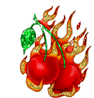 a drawing of a cherry with flames and a green leaf