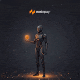a robot holding a ball with the word nodepay behind it