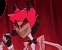 a cartoon character with a red head and a bow tie