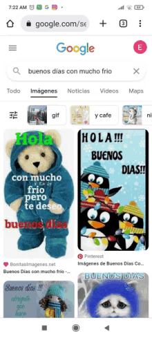 a screenshot of a google search page for buenos dias con mucho frio