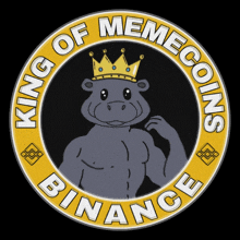 a logo for king of memecoins binance with a hippo with a crown on his head