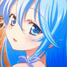 a close up of a blue haired anime girl with a bow around her neck