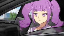 a girl with purple hair is sitting in a car with her eyes closed