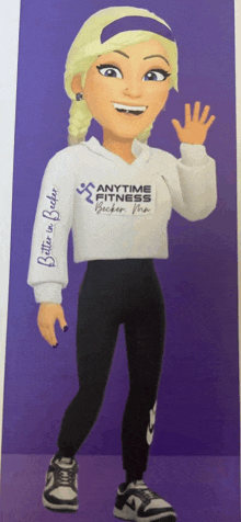 a cartoon drawing of a woman wearing a white anytime fitness sweatshirt