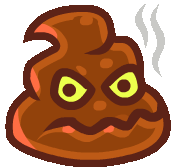 a cartoon illustration of a brown poop with yellow eyes and smoke coming out of it