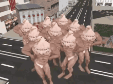 a group of naked men with birds on their heads are walking down a street .