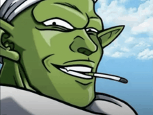 a green cartoon character is smoking a cigarette with a blue sky in the background