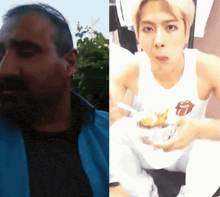 a man with a beard and a man with a rolling stones tank top