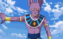 a purple cartoon character from super dragon ball heroes stands in front of a blue sky