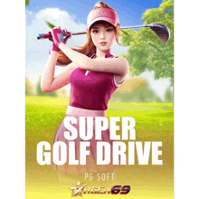 a woman is holding a golf club and the words super golf drive are above her