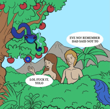 a cartoon of adam and eve in the garden with a snake hanging from a tree