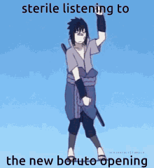 a cartoon of a man with a sword and the words sterile listening to the new boruto opening