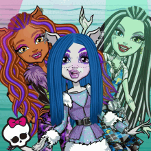 three monster high dolls are standing next to each other on a blue background