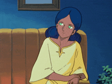 a cartoon girl with blue hair and green eyes is sitting on a couch