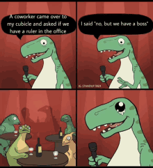 a cartoon of a dinosaur holding a microphone and saying " i said " no "