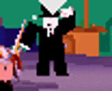 a pixel art of a man in a suit holding a cane and a sword .