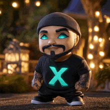 a cartoon character with a beard wearing a black shirt with a glowing x on it