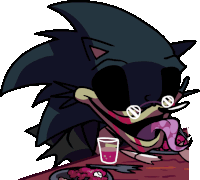 a cartoon drawing of a sonic the hedgehog sitting at a table with a glass of juice