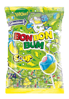 a bag of bonbon bum sour lollipops with cartoon characters