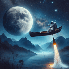 an astronaut in a canoe with a rocket coming out of it in front of a full moon