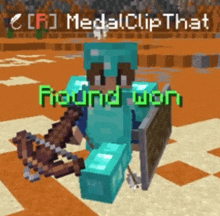 a minecraft character is holding a crossbow and shield and has a medal clip that says round won