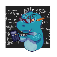 a dinosaur wearing glasses is holding a calculator in front of a blackboard with math equations