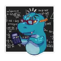 a dinosaur wearing glasses is holding a calculator in front of a blackboard with math equations