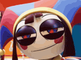 a close up of a cartoon character 's face with a jester hat on