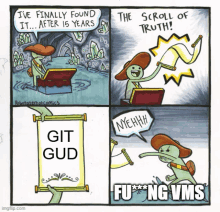 a cartoon shows a man holding a scroll that says git gud on it