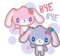 a pink bunny and a purple bunny are standing next to each other and saying bye bye