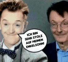 two men with a speech bubble that says ich bin sehr stolz auf meine enkelsohn