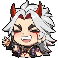 a cartoon character with horns and white hair is smiling and waving his hand .