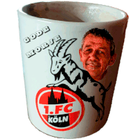 a mug with a picture of a man and a goat that says 1.fc koln on it