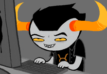 a cartoon character with orange horns is typing on a keyboard