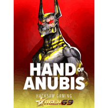 a poster for hacksaw gaming shows a statue of anubis