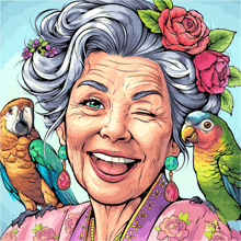 a woman with two parrots on her shoulders and a flower in her hair