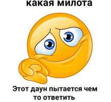 a yellow smiley face with blue eyes and the words " какая милота " on the bottom