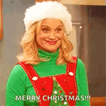 a woman wearing a santa hat and a christmas sweater is smiling .