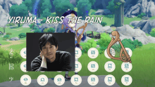 a video game called yiruma kiss the rain with a man playing a harp