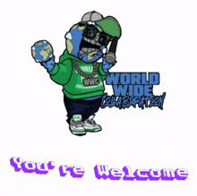 a cartoon character holding a microphone with the words you 're welcome below him