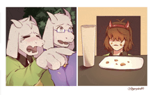 a drawing of a goat pointing at another goat and a girl sitting at a table with a plate of food